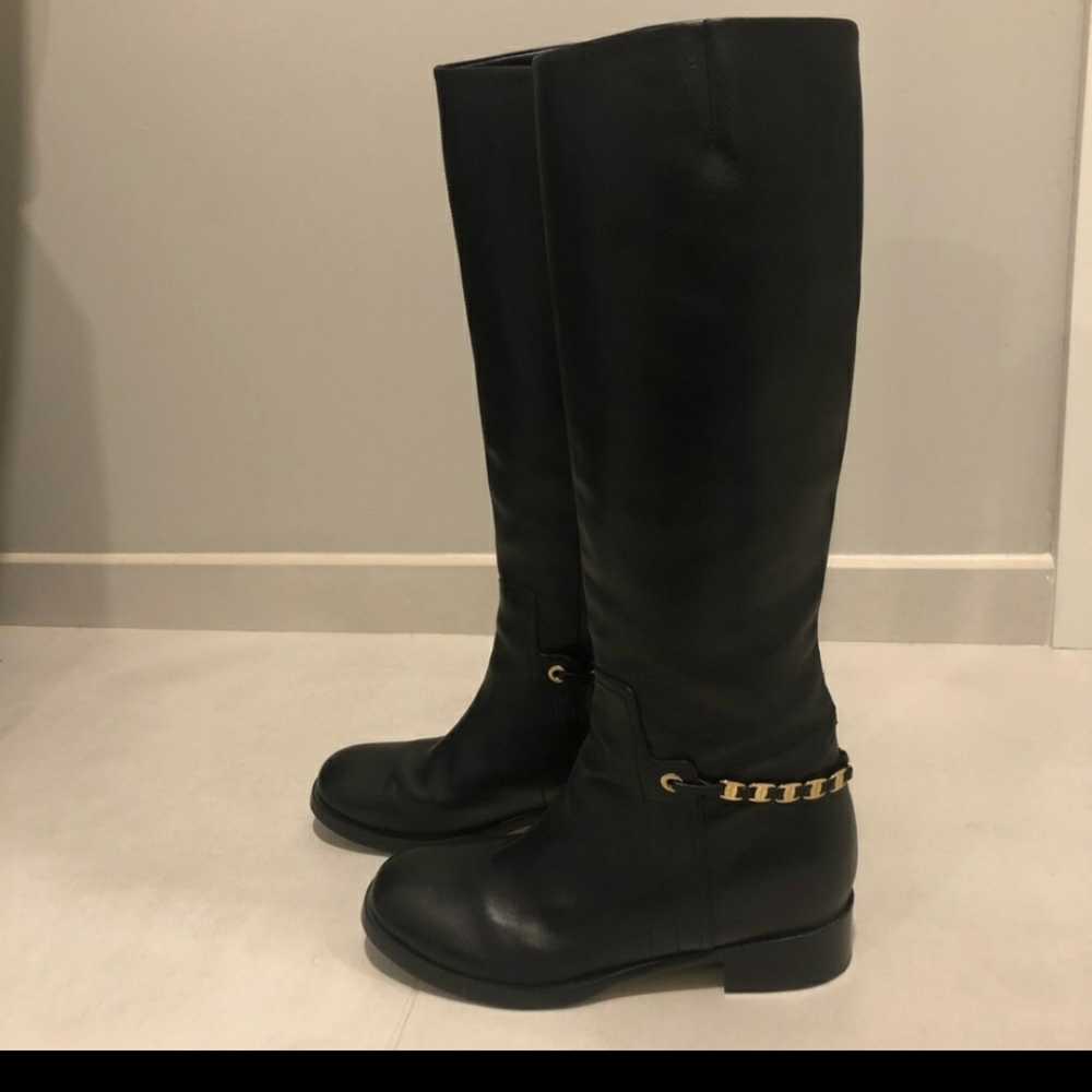 Salvatore Ferragamo Black Leather Heeled Boots with Gold Chain Trim - Picture 9 of 9